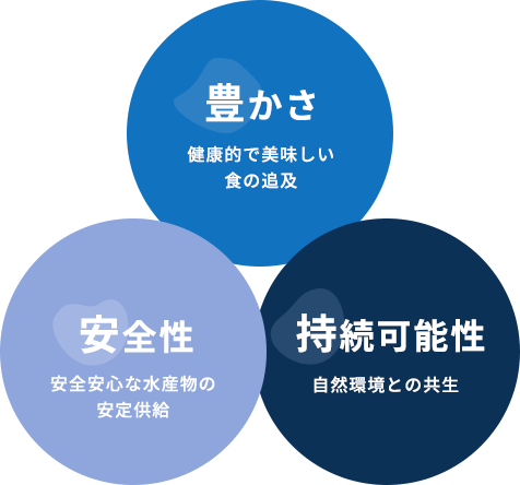 豊かさ：健康的で美味しい食の追及 持続可能性：自然環境との共生 安全性：安全安心な水産物の安定供給